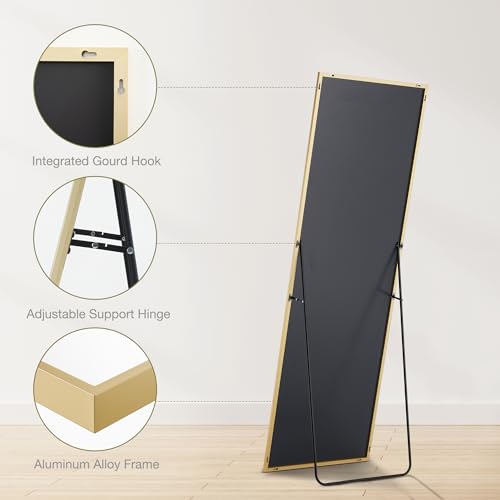 Sweetcrispy 64"x21" Full Length Mirror Full Body Floor Mirror Standing Hanging or Leaning Wall, Wall Mirror with Stand Aluminum Alloy Thin Frame for Bedroom Cloakroom,Gold