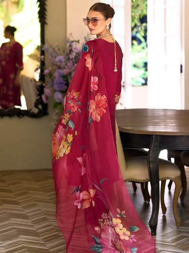 Image of INDO ERA Women's Silk Blend Floral Embroidered Thread Work Kurta & Pant with Dupatta Set (IEOUT13230)