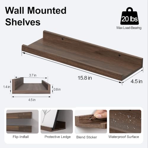 Image of Walnut Floating Shelves for Wall Decor, 16 in Shelf with Lip, 2 Set