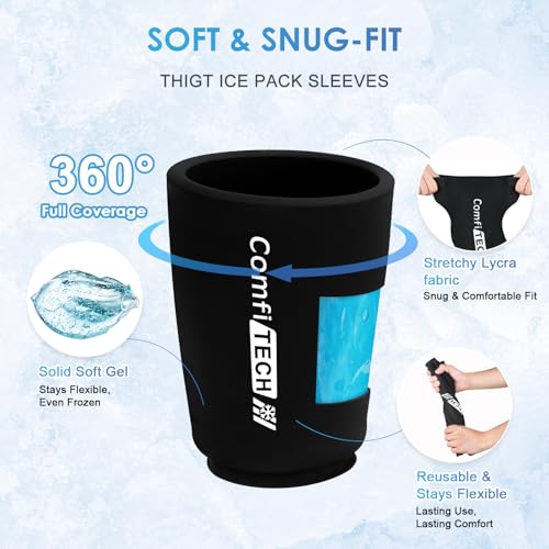ComfiTECH Thigh Ice Pack Wrap for Injuries Reusable, Hamstring Compression Sleeve for Runners, Cooling Quad Braces for Post-Workout Muscle Recovery, Adductor Comfort, Medium, 2 Packs - Thumbnail 3
