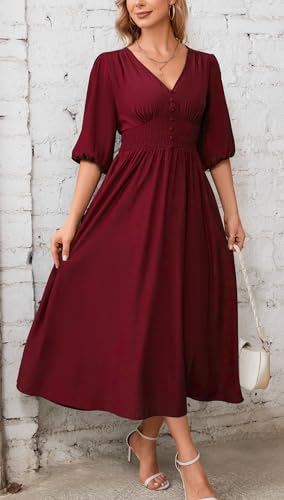 Image of Kormei Women Casual Boho V Neck 3 /4 Sleeve Smocked Waist A Line Flowy Swing Midi Dress Smocked Long Dress