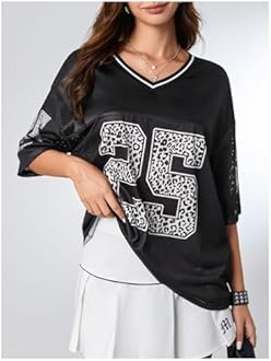 SOLY HUX Jersey Shirts for Women Y2k Graphic Number Oversized Tees V Neck Half Sleeve Cute Soccer Streetwear T Shirt Tops