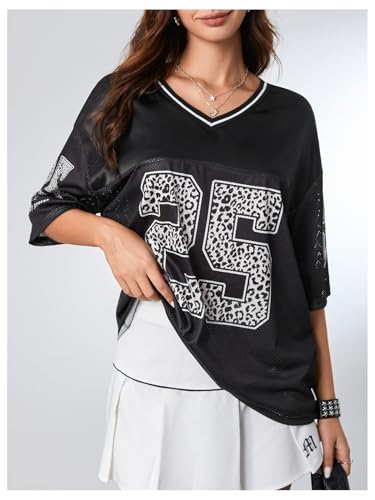 SOLY HUX Jersey Shirts for Women Y2k Graphic Number Oversized Tees V Neck Half Sleeve Cute Soccer Streetwear T Shirt Tops