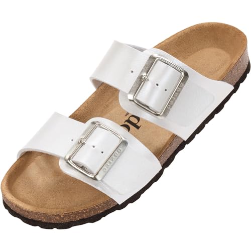 Palado Pantoletten Damen Samos EGS - bequeme Sandalen Made in Spain - Hausschuhe mit dämpfendem Kork-Fußbett - modische Sommerschuhe Weiß Metallic UK6 - EU39