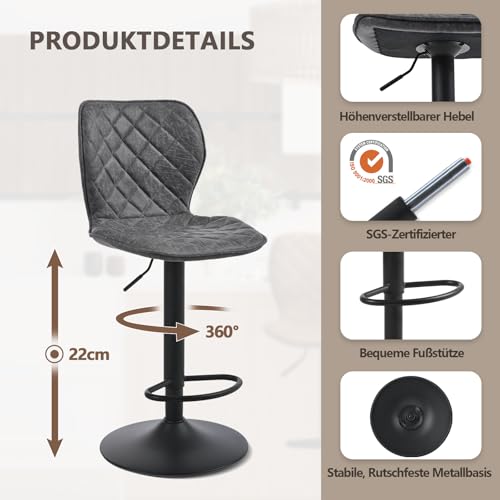 Goeurvant Barhocker 2er Set Barstuhl Höhenverstellbar mit Lehne & Fußstütze – 360°Drehbar PU Leder Gepolstert Barstühle mit Metallgestell für Küche Theke Esszimmer Wohnzimmer,Schwarz