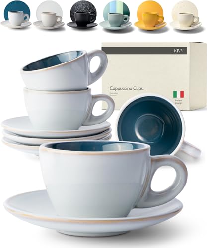 KIVY Tazas de cappuccino de pared gruesa [4 x 180 ml] – Taza de gres hecha a mano – tazas de café con platillo – tazas de café con platillo – tazas de capuchino gris azul – tazas grandes – taza de