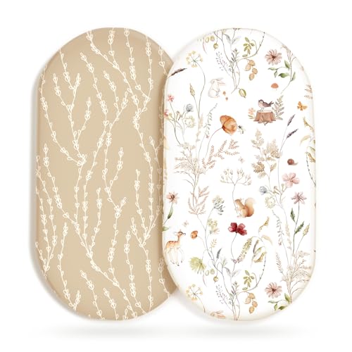 Image of GRSSDER Ultra Soft Bassinet Sheets 2 Pack, Stretchy Breathable Knit Bassinet Mattress Sheets for Baby, Universal Fitted Baby Cradle Moses Basket Oval Rectangle Mattresses Safe and Snug, Stylish Print