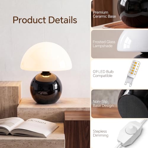 Image of Dawnwake Mushroom Lamp Table Lamp for Bedroom-Small Desk Table Lamps,Black | 8.7 inch Mid Century Modern Table Lamps for Living Room Bedroom Decor,Cute Ceramic Lamps for Mushroom Home Room Decor,Glass Shade