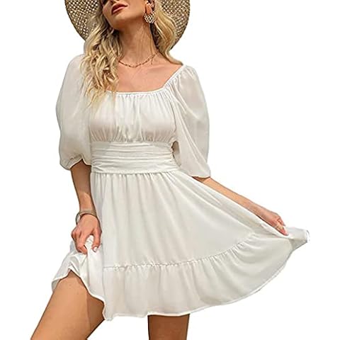 Eledobby Womens Square Neck Mini Dress Tie Backless Flared Half Sleeve Dress Ladies Smocked Ruffled Dresses Summer Clothes for Vacation Cocktail Party White S Cover