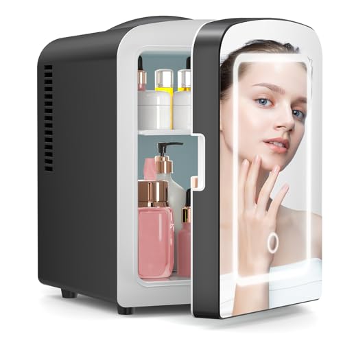 Image of Xbeauty Skincare Mini Fridge With Dimmable LED Mirror, 4L Mini Refrigerator for SkinCare, Cosmetics, Food & Drinks, Portable Small Refrigerator for Bedroom, Dorm, Car, Office, Black