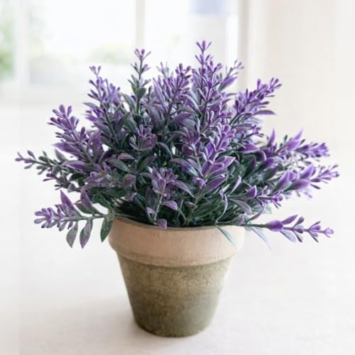 Image of Garden Art Artificial Lavender Plant in Rustic Pot - Realistic Faux Lavender Flowers for Home Decor, Office Desk, Tabletop, Farmhouse & Modern Decoration (P-093Purple)