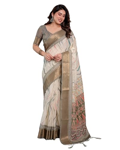Image of ALMAARI FASHION Handloom Cotton Linen Saree for Women with Floral Printed Design and Tassel Pallu, Traditional Ethnic Lightweight Saree for Daily Office Festive with Blouse Piece