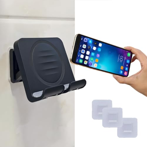 geyitafum Shower Phone Holder Upgraded Removable Wall Mounted Hands-Free Cellphone Stand Angle Adjustable Phone Stand with 3pcs Adhesive Pad for Kitchen Bathroom Dorm Bedroom (Black)