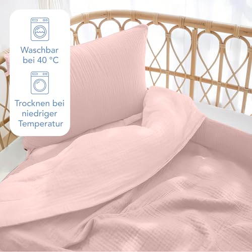 Dreamzie Baby Bettwäsche 80x80 cm + Kissenbezug 35x40 - Musselin aus 100% Baumwolle, Oeko-TEX Zertifiziert,atmungsaktiv & weich, ideal für Sommer & Kinderwagen - Rosa