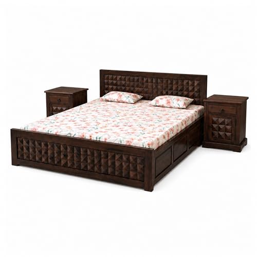 Image of SONA ART & CRAFTS Diamond Solid Sheesham Wood Bedroom Set | King Size Bed with Box Storage, Wardrobe, Cabinet with Mirror & Two Bedside Tables - Walnut Finish (Assembly Included)