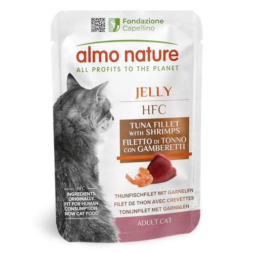 Almo Nature Katzenfutter- 100% natürlich, in Lebensmittelqualität- Klassische Gelee- Beutel mit Thunfisch & Garnelen (24 x 55 g)