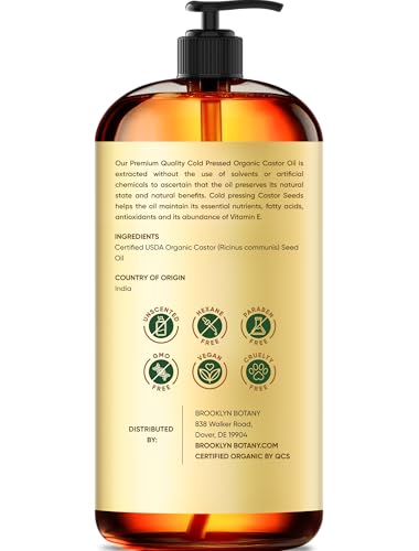 Brooklyn Botany Cold-Pressed Organic Castor Oil | for Hair, Skin and Face | 16 Fl Oz | 100% Pure and Natural | Carrier Oil for Essential Oils, Aromatherapy and Massage | Hexane Free