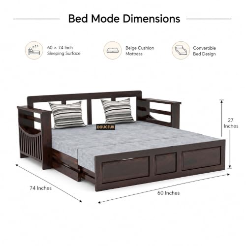 Image of Douceur Furnitures Solid Sheesham Wooden 3 Seater Sofa Cum Bed with Mattress,Cushions & Side Pockets,Wood Foldable Convertible Sofa 3 Seater Diwan Cum Bed for Living Room & Office|Walnut Finish