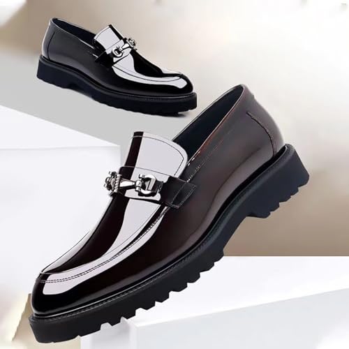 Men's Comfort Platform Chunky Slip-On Loafers, Fashion Metal Chain Shiny Patent Leather Business Casual Dress Shoes, Non-Slip Toe Lug Sole Driving Loafers2