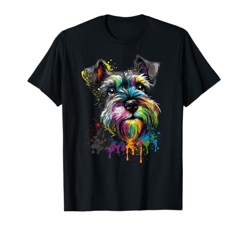 Mini Miniature Schnauzer Face Colorful Dog Art Black T-Shirt