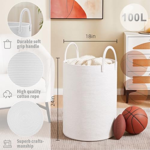 Image of Artfeel Laundry Basket,Woven Cotton Rope Laundry Hamper,100L for Decorative Storage of Dirty Clothes,Toys and Blankets in Bathroom,Baby Room and Living Room