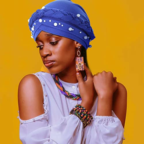 Woeoe African Turban Head Wraps White Pearls Head Scarf Braid Pre-Tied Soft Head Cover Cap Headwear For Women And Girls(Pack Of 3) #TOP3
