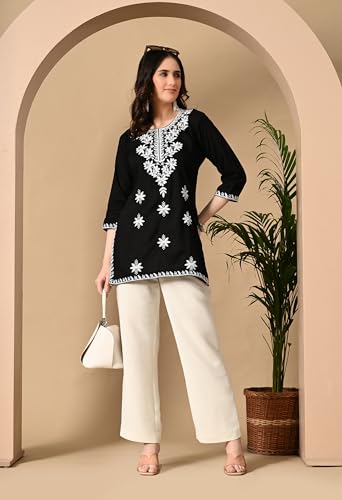 Image of LIBOZA Women's Chikankari Embroidered Short Kurti, Rayon Fabric, Three-Quarter Sleeves, Available in Pink, Black, Mustard Yellow, White, Pista and Green