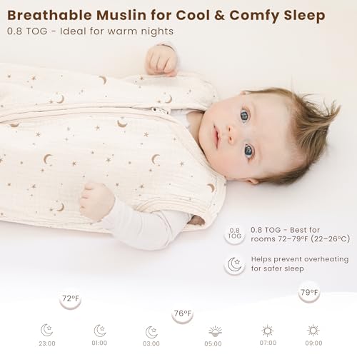 Image of Konssy Muslin Baby Sleep Sack 6-12 Months, 0.8 TOG Baby Wearable Blanket | 2 Pack, 2-Way Zipper, 100% Cotton, Soft & Breathable Sleeping Sack, Infants & Toddlers Nursery Essentials (Moon,Coffee Check)