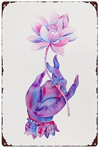 Eletina Divertido letrero de metal retro de Buda sosteniendo loto, póster de Buda morado, arte de pared de loto, Buda Mudra, obra de arte espiritual imprimible a mano, póster budista, decoración de