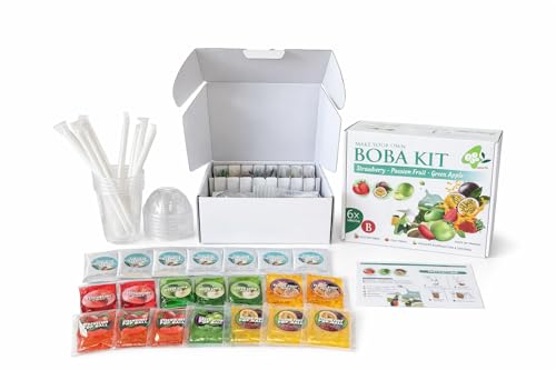 Bobo4T Bubble Tea SET B – Erdbeer-, Grüner Apfel- & Passionsfrucht Bobas + Fruchtsirup | Komplett Set für 6 Drinks | Einzeln verpackt für maximale Frische | Jasmin Grüner Tee Pulver