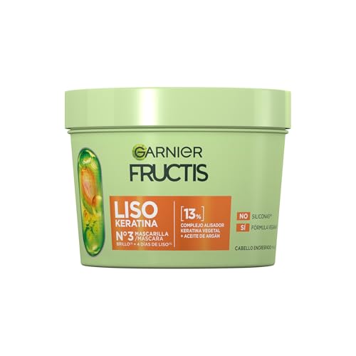 Garnier Fructis Nº3 Mascarilla Liso Keratina Para Cabello Encrespado, Controla el Encrespamiento y Potencia el Brillo, Sin Siliconas, Fórmula Vegana, 370ml