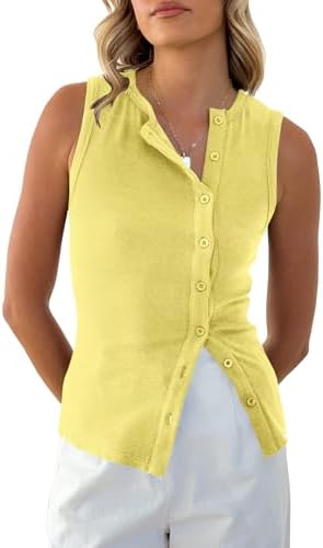 Womens Button Down Ribbed Tank Tops Slim Fit Summer Vest Tops Going Out Solid Sexy Sleeveless Shirts