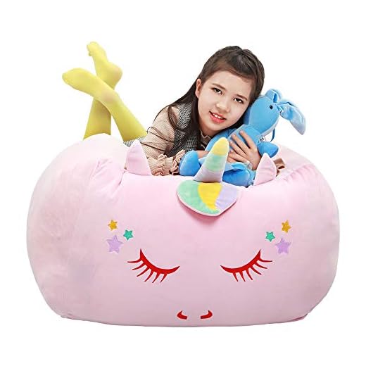 Unicorn Stuffed Animal Toy Storage Kids Bean Bag Chair Cover Large Size 24x24 Inch Velvet Extra Soft Stuffed Organization Replace Mesh Toy Hammock for Kids Blankets Towels Clothes Home Supplies Pink