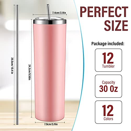 Mimorou 12 Pack 30 Oz Stainless Steel Skinny Tumblers Bulk, Insulated Colored Water Cups With Straw And Lid, Double Wall Slim Coffee Mug Tumbler For Travel, Car, Office, Home, Hot Cold Drinks #TOP1