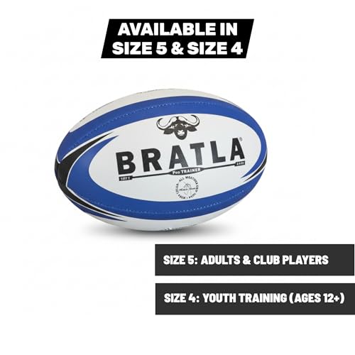 Bratla Pro Training Rugby Ball – Hand Sewn Professional Rugby Practice Ball with 3-Ply Fabric Backing, Long Lasting Grip – Size 5 & Size 4 – Ideal for Training, Match Prep, Clubs & Schools (Size 5)