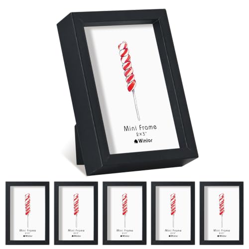 Winlor 2x3 Mini Picture Frame Set of 6, FSC MDF Wood Small Photo Frame with Real Glass Front, Tiny Tabletop Display or Wall Decor for Wallet Size Photos, Mini Instant Prints & Small Photos, Black
