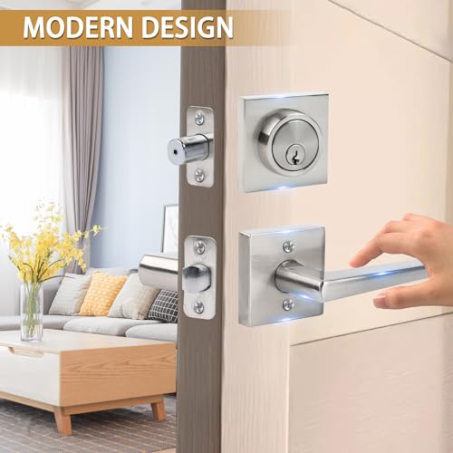 Front Door Lock sSet Front Door Handle and Deadbolt Set,Square Heavy Duty Exterior Door Knob with Deadbolt,Brushed Nickel,1pack