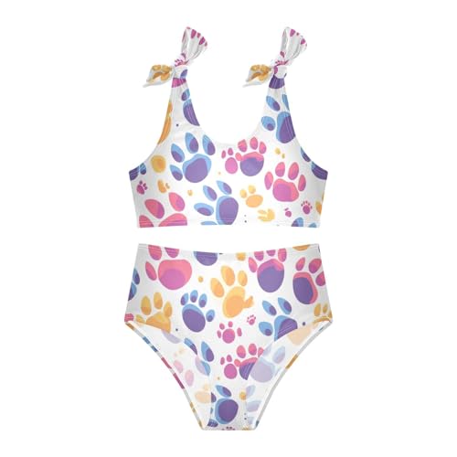Cute Paws Print Colorful Girls' 2 Piece Kids Bikini Set Scoop Neck Swimsuit Swimwear Adjustable Strap3