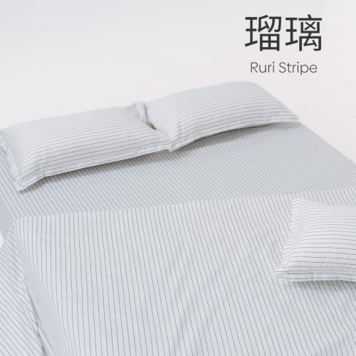 Image of Haus & Kinder Double Bed Bedsheet 90 x 100 | 186 TC Pure Cotton Bed Sheet Double Bed with 2 Pillow Covers | Queen Size Bed Sheet | Ruri Stripe Lapis Blue