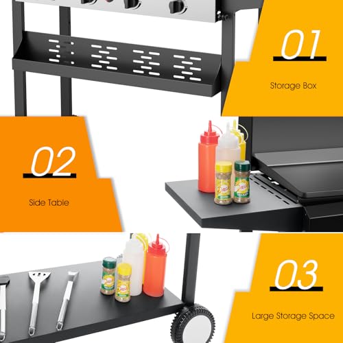 4 Burner BBQ Gas Griddle with Hood, 30 Inch Stainless Steel Portable Detachable Propane Griddle, 60,000 BTU Flat Top Barbecue Grill with Side Shelves for Camping