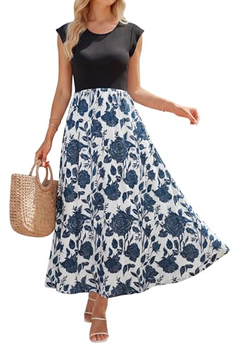 Image of OUGES Women's Maternity Dress Summer Ruffle Sleeve Patchwork Casual Flowy Maxi Dresses with Pockets