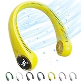 SAMISKO Portable Bladeless Neck Fan with LED Display,5000 mAh Battery Operated Wearable Personal Fan, Leafless, USB Rechargeable, Headphone Design, USB Powered Desk Fan with 3 Speeds(Yellow)