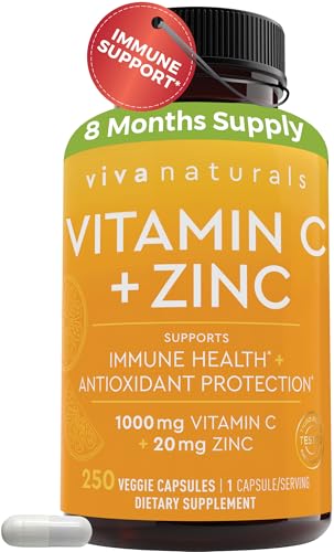 Viva Naturals 1000 mg Vitamin C and Zinc 20 mg Supplement - Proprietary Blend of Ascorbic Acid Vitamin C with Rose hips and Bioflavonoids for Immune Support -250 Veggie Capsules with 8 Months Supply