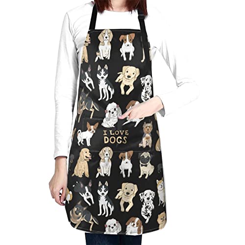 Cute Dog Grooming Apron,Funny Pet Grooming Waterproof Aprons For Women With 2 Pockets & Adjustable Neck,Black Gold Chef Aprons Christmas Gifts For Kitchen Cooking Baking Gardening #TOP27