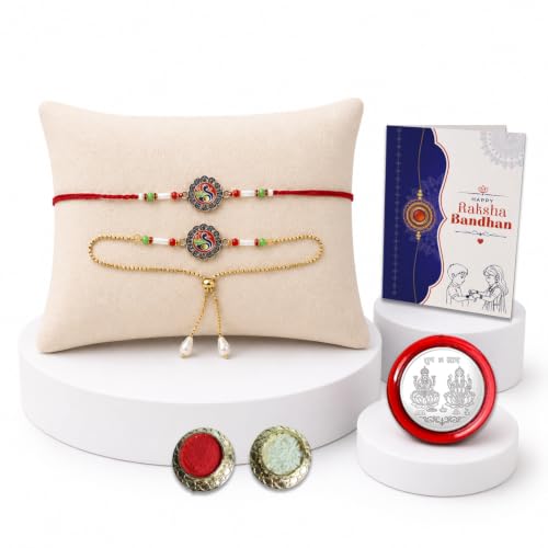 Image of Oblivion Rakhi Set for Brother and Bhabhi - Peacock with Feather Gift for Bhai & Lumba for Bhabhi with Silver Colour Coin and Greeting Card - Raksha Bandhan Combo