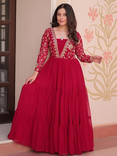 Image of FOXDX Womens Faux Georgette Sequence Embroidered Ankle Length Anarkali Gown for Women| Festival | Trending |