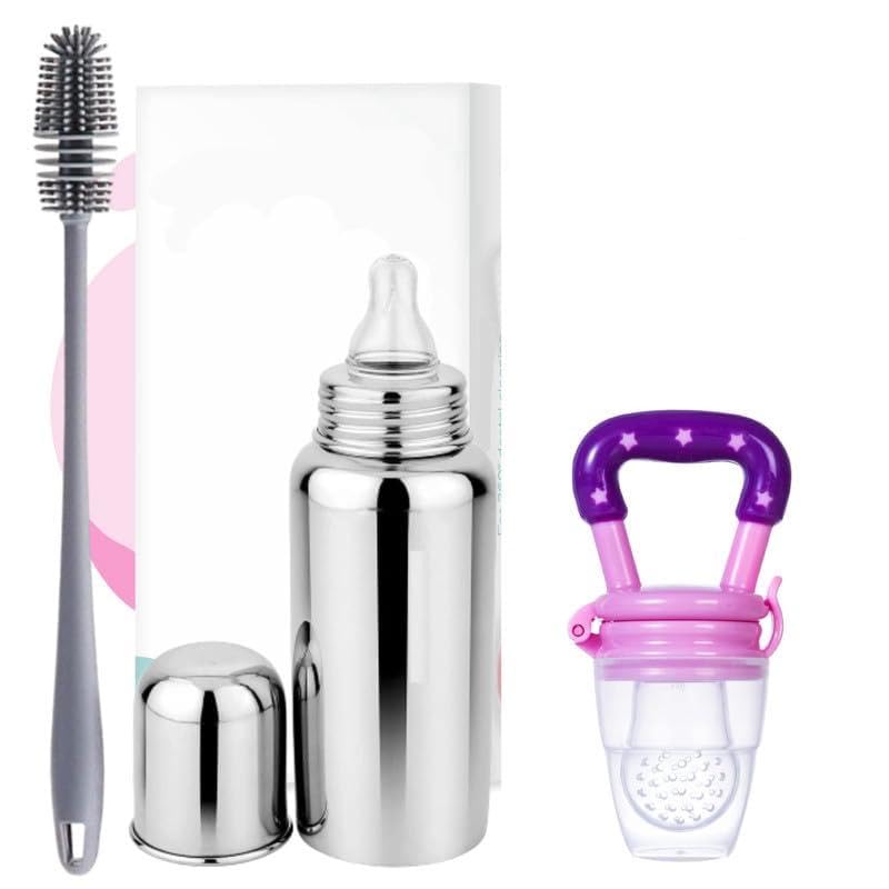 Baby Feeding Bottle, Brush and Pacifier Set, Stainless Steel, Pink and Purple