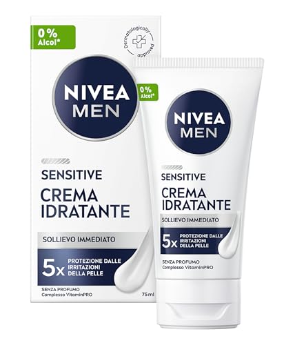 NIVEA MEN Sensitive Crema Idratante 75 ml, Crema viso uomo per un sollievo immediato dalle irritazioni, Formula idratante 24h senza profumo per pelli sensibili