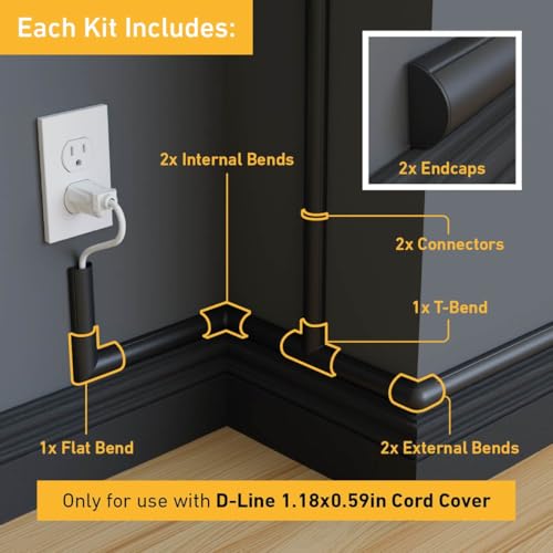 Image of D-Line Medium Cable Raceway Accessory Pack, Join 1.18in x 0.59in Cord Cover Lengths, 10 Accessories Included, Hide Cords Around a Variety of Angles - Black