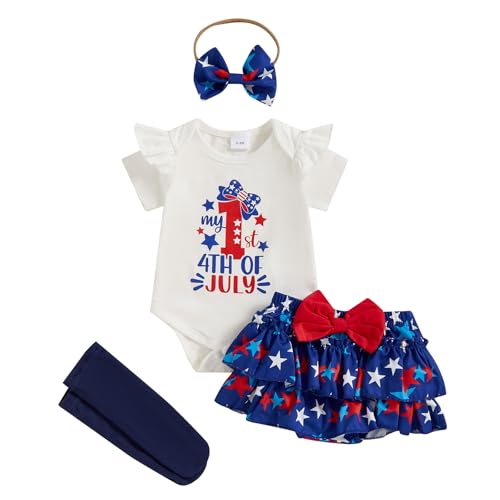 Image of Kuriozud My First 4th of July Outfit Baby Girl Romper Onesie Bodysuit+Ruffle Tutu Shorts Bloomer 1st Fourth of July Clothes